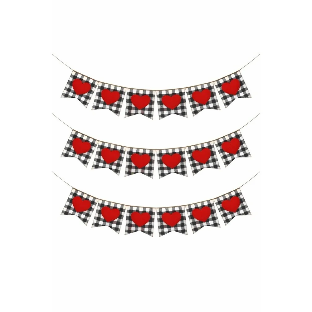 Valentine's Day Banner Red Felt Heart Garland White Black Buffalo Plaid Set of 3